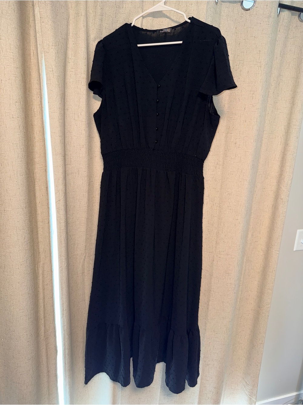 Black V-Neck Midi Dress with Smocked Waist